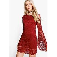 Flare Sleeve Lace Shift Dress - berry