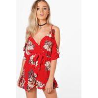 Floral Open Shoulder Ruffle Playsuit - red