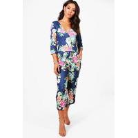 Floral Roll Sleeve Culotte Jumpsuit - navy