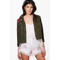 floral applique slim fit denim jacket khaki