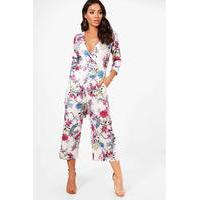 Floral Roll Sleeve Culotte Jumpsuit - multi