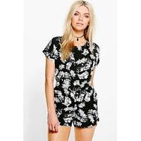 Floral Print Capped Sleeve Playsuit - black