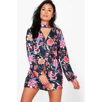 Floral Choker Long Sleeved Playsuit - multi