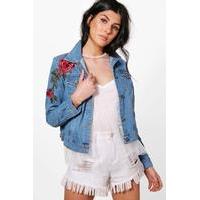 Floral Applique Slim Fit Denim Jacket - blue