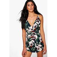 floral print strappy back plunge playsuit navy