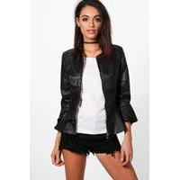 Flute Sleeve Peplum PU Jacket - black