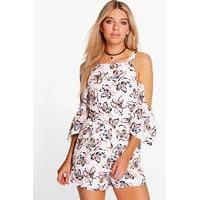 Floral Open Shoulder Playsuit - ivory