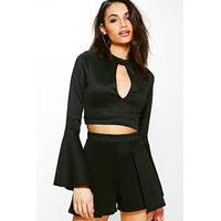 flute sleeve crop shorts co ord black