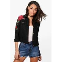 floral applique slim fit denim jacket black