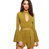 Flute Sleeve Crop & Shorts Co-ord - olive