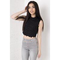 Flower Detail Lace Crochet Crop Top in Black