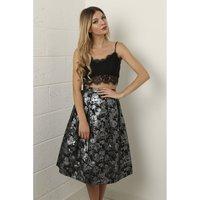 Floral Foil Midi Skirt in Black and Silver