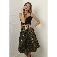 Floral Foil Midi Skirt in Black and Gold