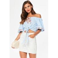 Florence Blue Embroidered Bardot Crop Top