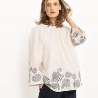 Flared Blouse with Floral Embroidery