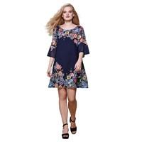 Floral Printed Flared Dress with 3/4 Length Sleeves