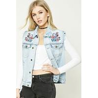 Floral Embroidered Denim Sleeveless Jacket