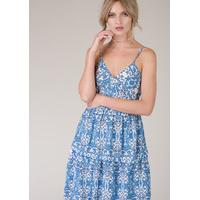 Floral Blue Strap Ruffle Layer Dress