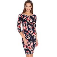 Floral Quarter Sleeve Textured Dress - NAVYPRINT