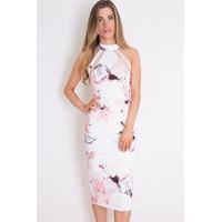 Floral Mesh Panel Bodycon Midi Dress