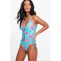 Floral Lace Up Swimsuit - blue