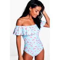 Flamingo Frill Bardot Swimsuit - blue