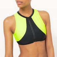 fluorescent two tone bikini top with zip