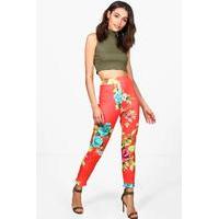 Floral Strectch Skinny Trousers - red