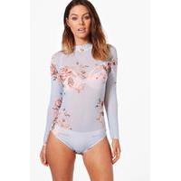 floral printed mesh bodysuit blue