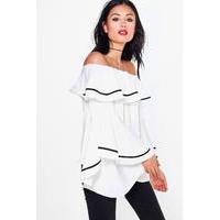 Flute Sleeve Piped Bardot Top - white