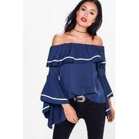 Flute Sleeve Piped Bardot Top - navy