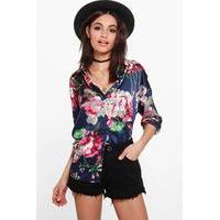 Floral Printed Oversized Shirt - navy