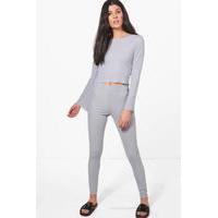 Flute Sleeve Crop Top & Legging Knitted Set - grey