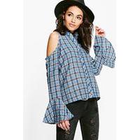 Flute Sleeve Cold Shoulder Check Shirt - blue