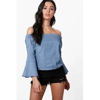 Flute Sleeve Chambray Top - mid blue