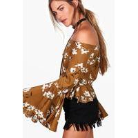 floral bardot flare sleeve top multi