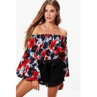 Flared Sleeve Shirred Bardot Top - red