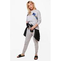 Floral Applique Raw Hem Lounge Set - grey