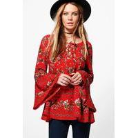 Flute Sleeve Floral Blouse - red