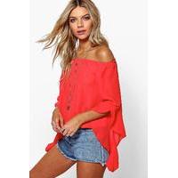 Fluted Frill Sleeve Off The Shoulder Top - poppy