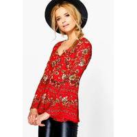 Flute Sleeve Floral Blouse - red