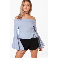 Flute Sleeve Off The Shoulder Chambray Top - mid blue