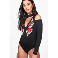 Floral Embroidery Print Knitted Bodysuit - black