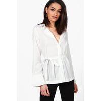 Flare Detail Belted Shirt - white