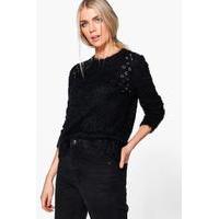 Fluffy Eyelet Detail Knit Jumper - black