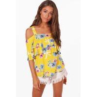 Floral Ruffle Cold Shoulder Top - yellow