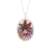 Floral Necklace Pink & Purple Mixed Oval Silver Large