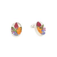 Floral Earrings Mixed Colourful Oval Stud Silver Small