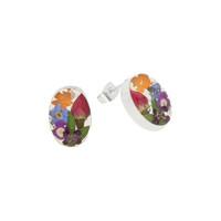 floral earrings mixed colours oval stud silver small