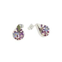Floral Earrings Purple & Blue Teardrop Stud Silver Small